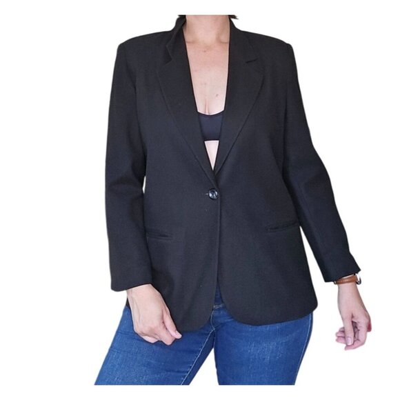 Sag Harbor Single Breast Black Blazer 100% Wool Women Size 14 Petite Suit Jacket - Picture 1 of 10